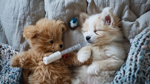 Sick kitten with thermometer and Bichon Frise puppy with with ice bag or ice pack on it head sleep with toy bear on a bed at home Top down view : Generative AI photo