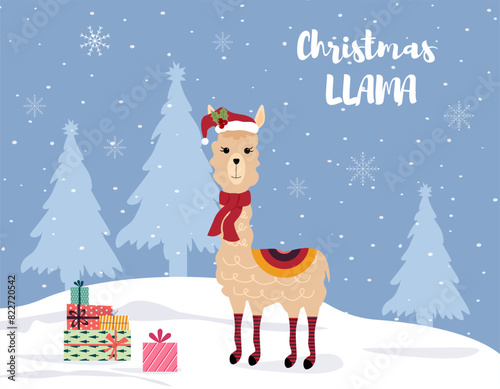 Modern flat design with llama and gift boxes. Postcard template for Christmas and New Year. Wildlife cartoon character. Winter illustration, design for nursery, poster, birthday greeting card. Vector