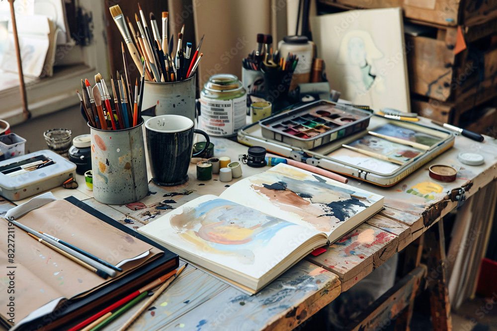 Creative workspace with art supplies sketchbooks Creative workspace with art supplies sketchbooks