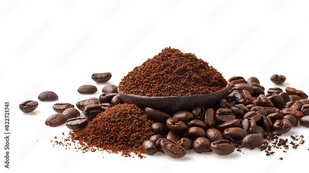Pile of ground coffee and coffee beans isolated on white background : Generative AI Pile of ground coffee and coffee beans isolated on white background : Generative AI