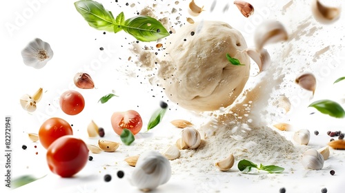 Concept of flying ingredients with pizza dough isolated on white background Food preparation fresh meal ready for cooking : Generative AI photo