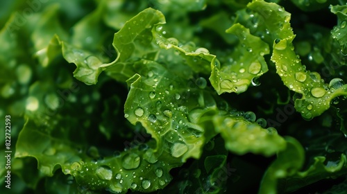 Green lettuce salad leaves and water drops close up image : Generative AI