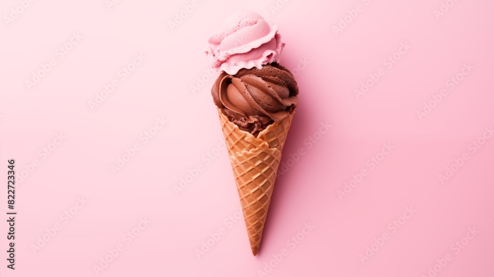 Double Scoop Ice Cream Cone with Chocolate and Strawberry Flavors on Pastel Pink Background Double Scoop Ice Cream Cone with Chocolate and Strawberry Flavors on Pastel Pink Background