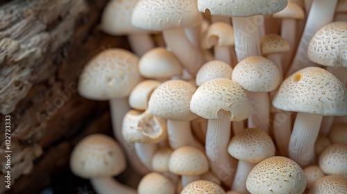 Close up beautiful bunch mushrooms color light in the tree background texture Macro Photography View : Generative AI