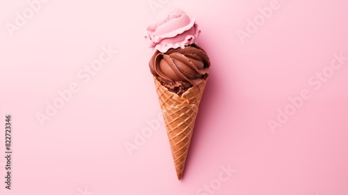 Double Scoop Ice Cream Cone with Chocolate and Strawberry Flavors on Pastel Pink Background photo