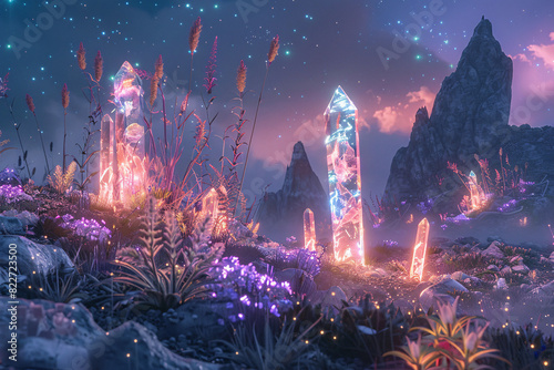 Ethereal landscape with floating crystals glowing photo