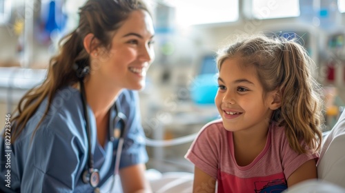 A dedicated nurse in scrubs assisting a child with a comforting smile, while the child sits on a hospital bed, showcasing a nurturing and caring moment in a pediatric ward
