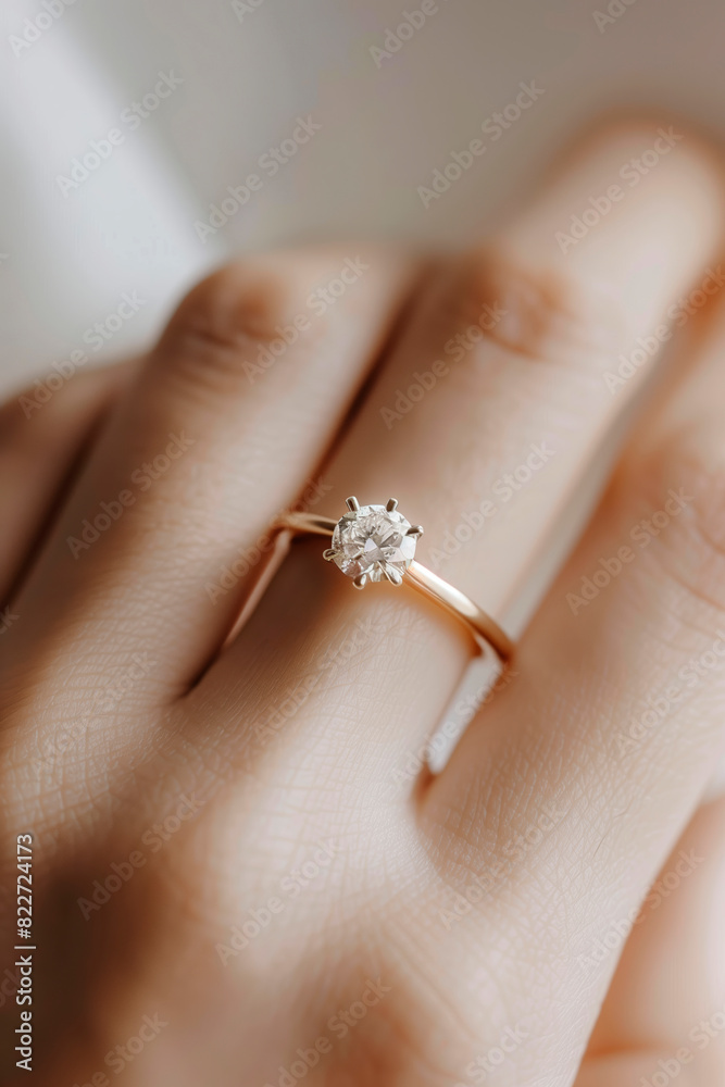 Obraz premium Close up of a diamond ring, yellow gold band, white background, modern jewelry style, minimalistic design