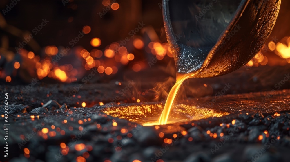 Molten metal being poured from a furnace into a mold creating a new metal object. Molten metal being poured from a furnace into a mold creating a new metal object.