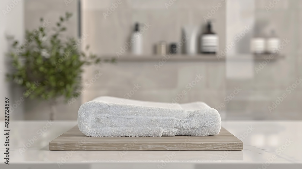 Podium for product display and towel on blurred bathroom background : Generative AI Podium for product display and towel on blurred bathroom background : Generative AI