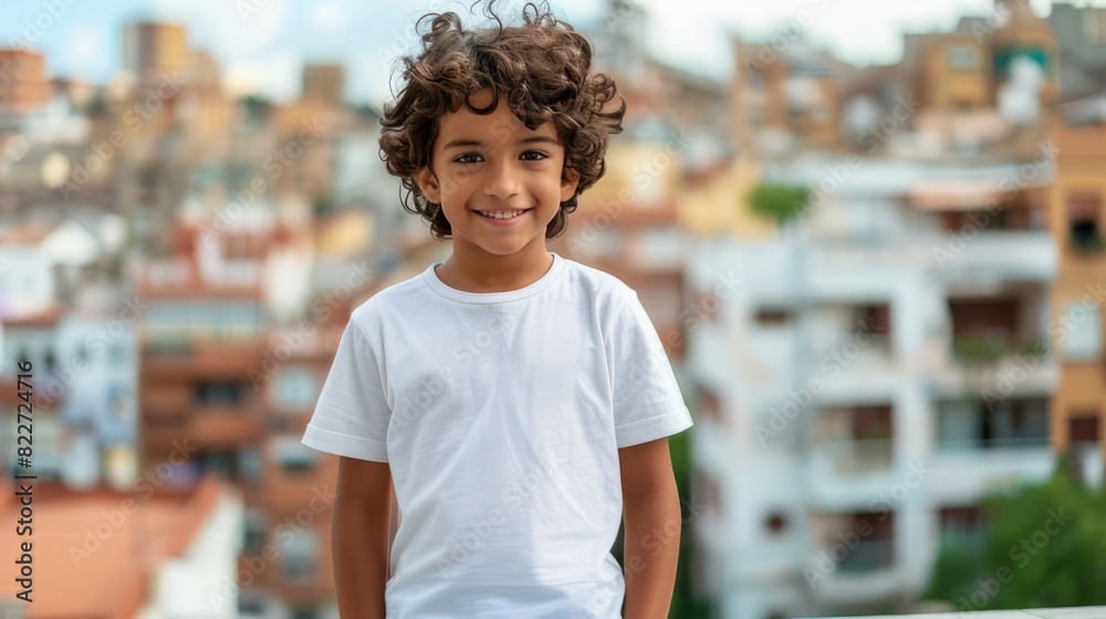 Fototapeta premium A blank t-shirt worn by a boy that you can use for child-friendly design layouts. A curly-haired boy smiling against a blurry rural background.