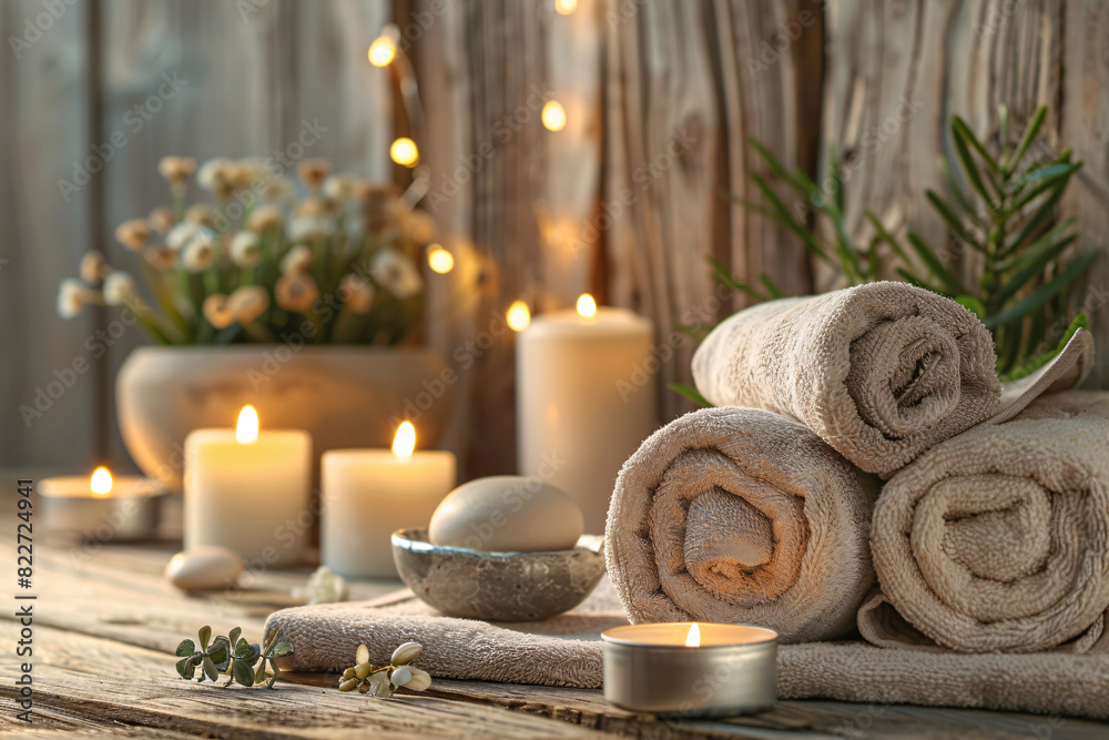 Luxurious spa setting with candles essential oils Luxurious spa setting with candles essential oils