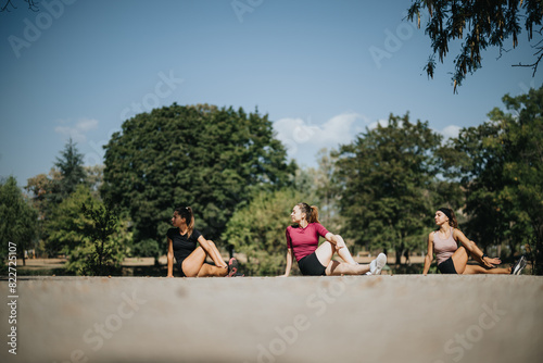 Fit women training outdoors in a city park, stretching and warming up. Active and athletic, promoting a healthy lifestyle. © qunica.com