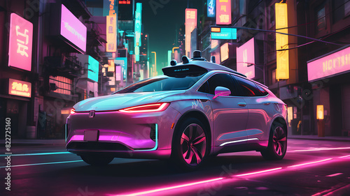 A self-driving car navigating through a neon-lit cityscape. Generative AI © Tark