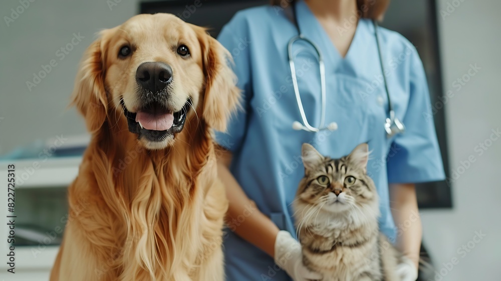 Golden retriever dog and fluffy cat next to happy veterinarian in clinic : Generative AI