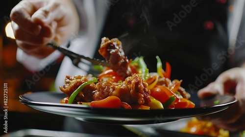 Closeup of chef putting fried meat on the plate with vegetables he cooking dish from chef   Generative AI