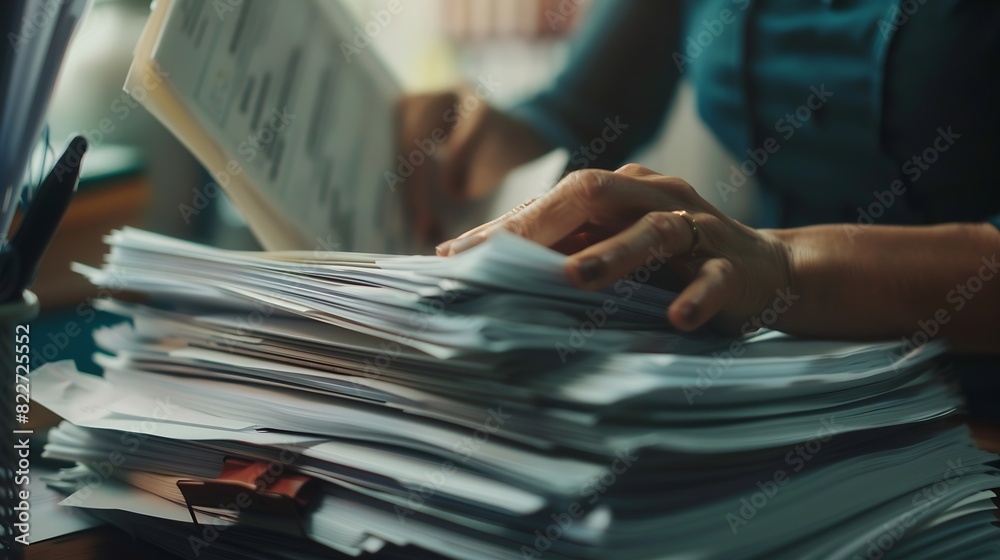 Businesswoman hands working in Stacks of paper files for searching and checking unfinished document achieves on folders papers at busy work desk office : Generative AI Businesswoman hands working in Stacks of paper files for searching and checking unfinished document achieves on folders papers at busy work desk office : Generative AI