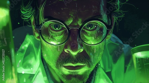 Wallpaper Mural A scientist with glowing green glasses looks intensely at a liquid in a laboratory Torontodigital.ca