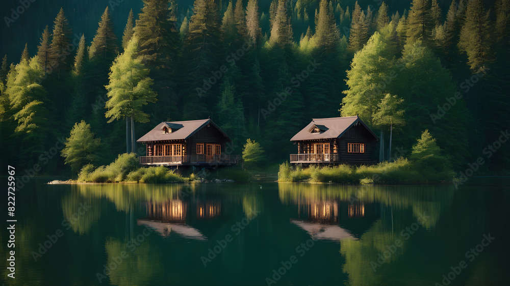 Wooden house on the bank of the river in the forest, Generative AI Wooden house on the bank of the river in the forest, Generative AI