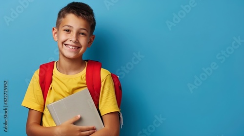 A smiling school boy in a yellow shirt tightly hugs his school books with a backpack over one shoulder against a blue background : Generative AI photo