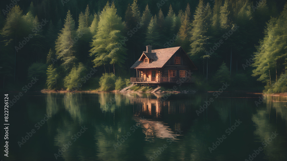 Obraz premium Wooden house on the bank of the river in the forest, Generative AI