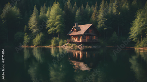 Wooden house on the bank of the river in the forest, Generative AI