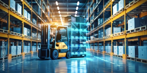 Automated Forklift doing storage in a warehouse managed by machine learning and artificial intelligence automation, robotics applied to industrial logistics