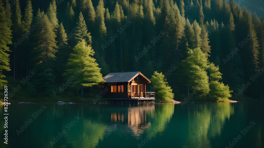Wooden house on the bank of the river in the forest, Generative AI Wooden house on the bank of the river in the forest, Generative AI