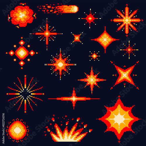 Pixel art explosions. game icons set. Comic boom flame effects for emotion. 8-Bit Vector. Bang burst explode flash nuclear bubble dynamite with smoke. Animation frame. Process steps, Video fire.