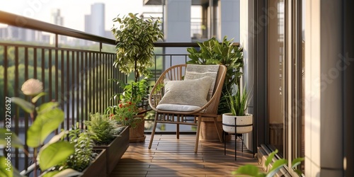 Beautiful balcony or terrace with wooden floor, chair, green potted flowers plants. Stylish balcony home terrace with city background 