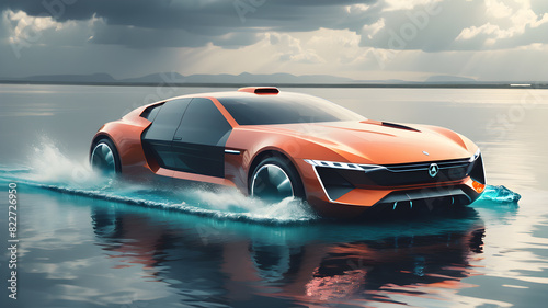 Car from the future driving on water  Generative AI