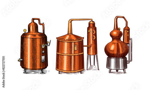 Distilled alcohol. Device for preparing tequila, cognac and spirits. Engraved hand drawn vintage sketch. Woodcut style. Vector illustration for menu or poster.