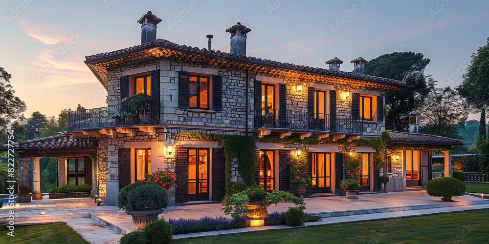 Premium old house in the evening with orange lighting