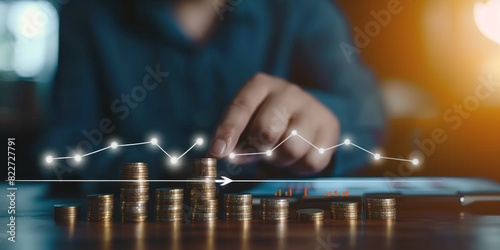 Investment and financial concept  businessman hand with money coin stacking and push arrow up 