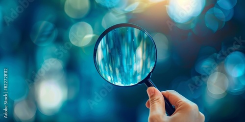 Hand holding magnifying glass on a blurred blue background