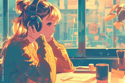 a beautiful girl is listening to music by a headphone in a cozy cafe, chilled, colorful, manga style illustration