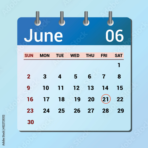 vector page of June month calendar and highlighted date June 21