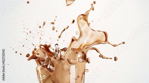 Milk Tea fall ice cube cool pouring down in Shape form line Milk Ice coffee splash into drop dropet chocolate cocoa attack fluttering explosion in air White background isolated stop mo : Generative AI photo