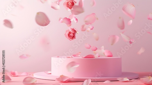 Pink product podium placement on solid background with rose petals falling Luxury premium beauty fashion cosmetic and spa gift stand presentation Valentine day present showcase : Generative AI