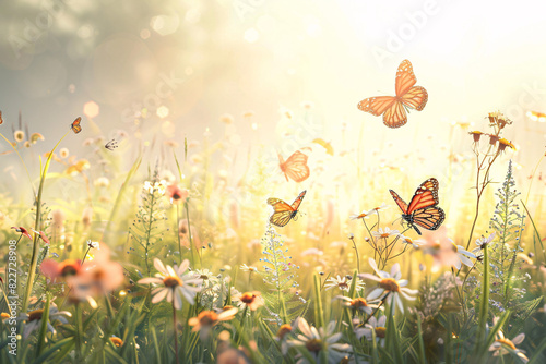 Sunlit meadow with wildflowers butterflies