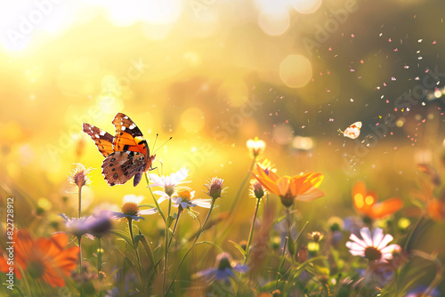 Sunlit meadow with wildflowers butterflies