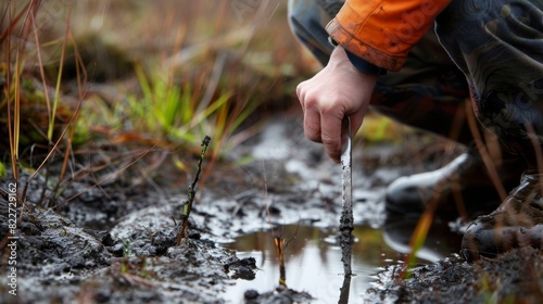 A person kneeling next to a shallow bog using a sharp tool to through the wet peat.