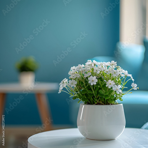 living room, table tent view, flower pot in the background, 