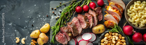 A large platter of meat and vegetables food presentation on a table background
 photo