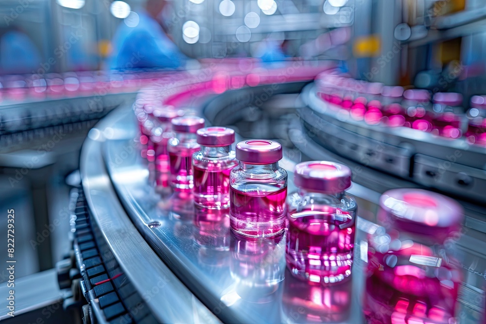 A conveyor belt with many pink bottles on it A conveyor belt with many pink bottles on it