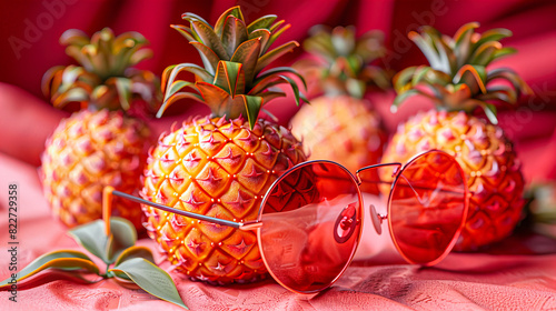 Pineapple with Sunglasses on a Pink Background, Fresh and Fun Tropical Summer Concept, Stylish Fruit Design photo