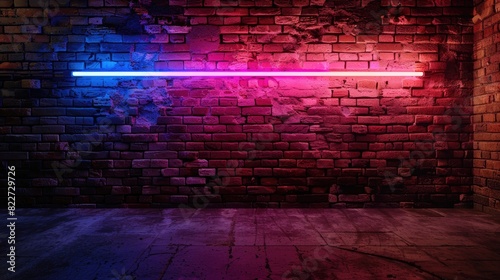A brick wall with neon lights on it. The wall is empty and the lights are blue and red