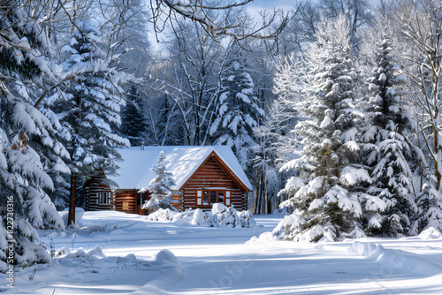 Winter wonderland scene with snow-covered trees and a cabin © Daniel
