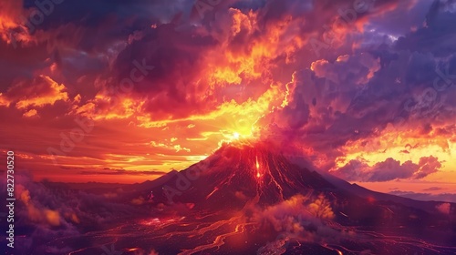 a breathtaking sunset over a dormant volcano, the sky ablaze with shades of orange, red, and purple, as lava-like clouds hover above photo