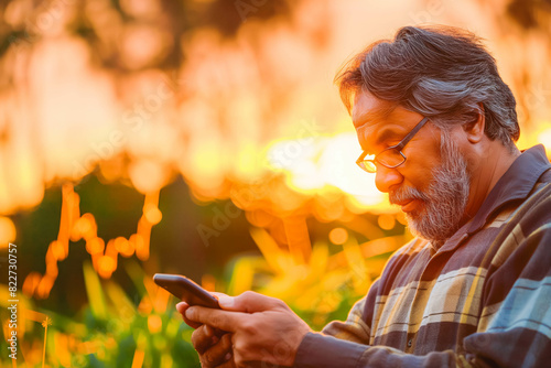 A motivated Hispanic investor, in his 50s, monitoring stock market trends on his smartphone at sunset. © VisualProduction